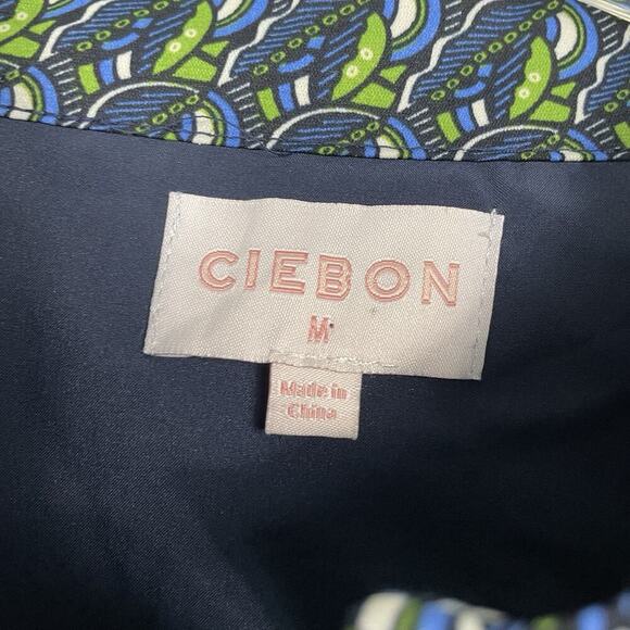 Ciebon Mock Neck Blouse Womens Medium Navy Green Geometric Print Classic Career - Picture 3 of 12